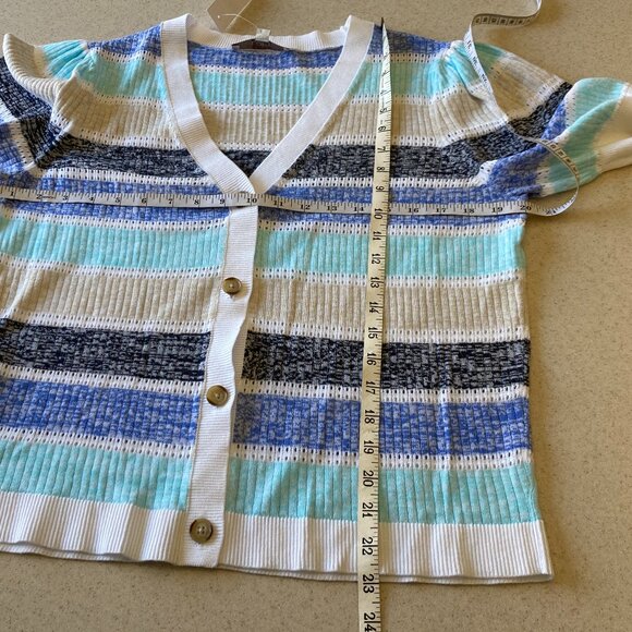 Loft NWT Striped Puff Sleeve V-Neck Cardigan Top Women Size XL White Blue Gray - Picture 9 of 12